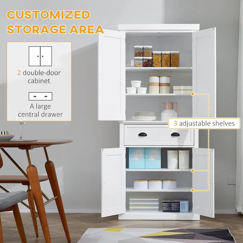 Garde-manger de cuisine autoportant de 183 cm, blanc, 2 portes et étagères réglables