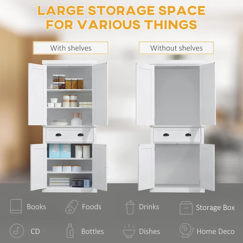 Garde-manger de cuisine autoportant de 183 cm, blanc, 2 portes et étagères réglables