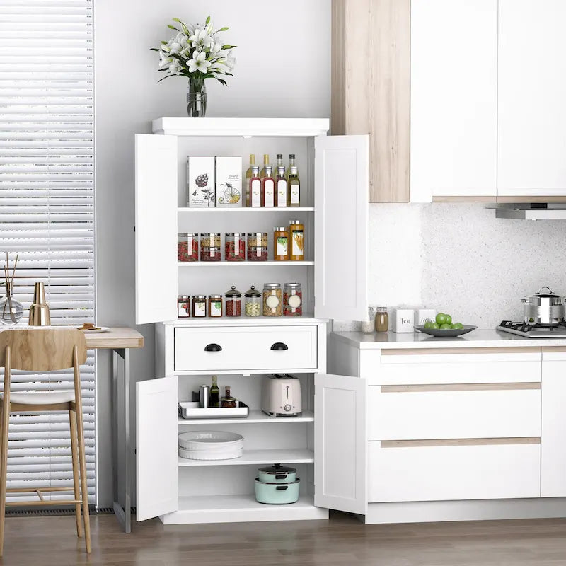 Garde-manger de cuisine autoportant de 183 cm, blanc, 2 portes et étagères réglables