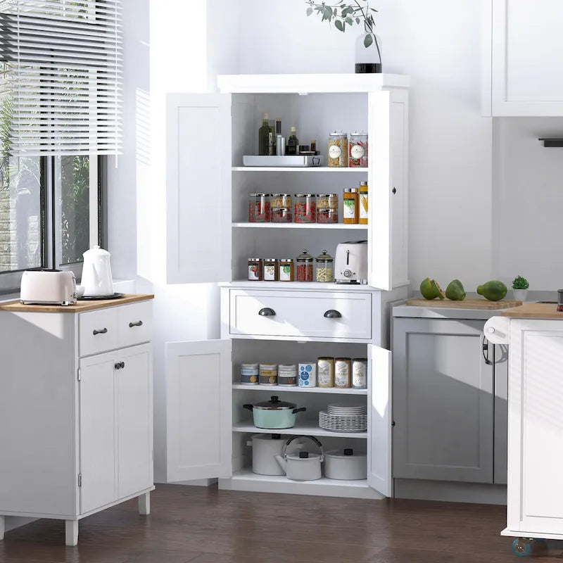 Garde-manger de cuisine autoportant de 183 cm, blanc, 2 portes et étagères réglables
