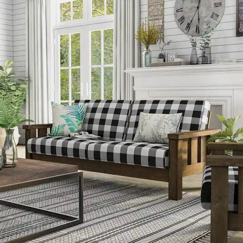 Jimo Farmhouse Rustic Oak Fabric Upholstered Wooden Arms Sofa by Furniture of America