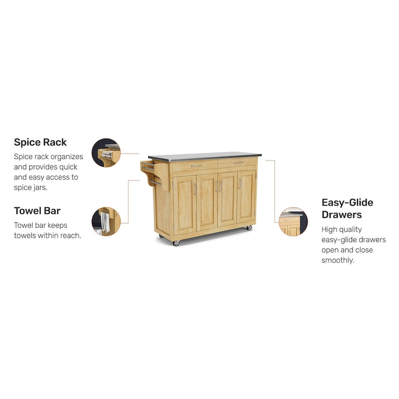Dessert de cuisine mobile avec plateau en acier inoxydable, finition bois naturel