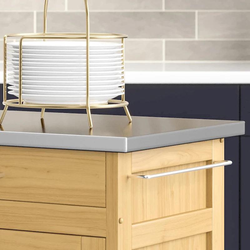 Dessert de cuisine mobile avec plateau en acier inoxydable, finition bois naturel
