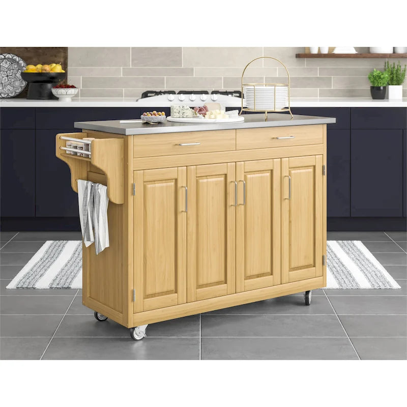 Dessert de cuisine mobile avec plateau en acier inoxydable, finition bois naturel