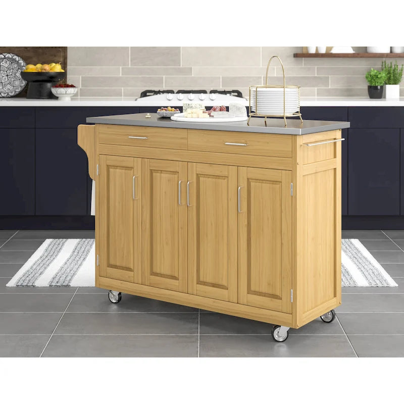 Dessert de cuisine mobile avec plateau en acier inoxydable, finition bois naturel