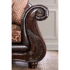 Canapé traditionnel à accoudoirs ronds, simili cuir et chenille florale, marron, 3 places