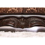 Canapé traditionnel à accoudoirs ronds, simili cuir et chenille florale, marron, 3 places