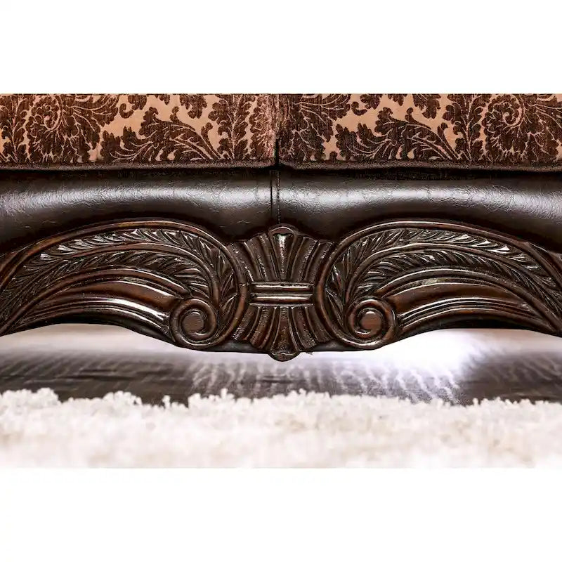 Canapé traditionnel à accoudoirs ronds, simili cuir et chenille florale, marron, 3 places
