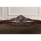 Canapé traditionnel à accoudoirs ronds, simili cuir et chenille florale, marron, 3 places