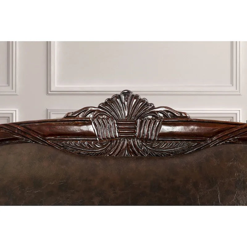 Canapé traditionnel à accoudoirs ronds, simili cuir et chenille florale, marron, 3 places