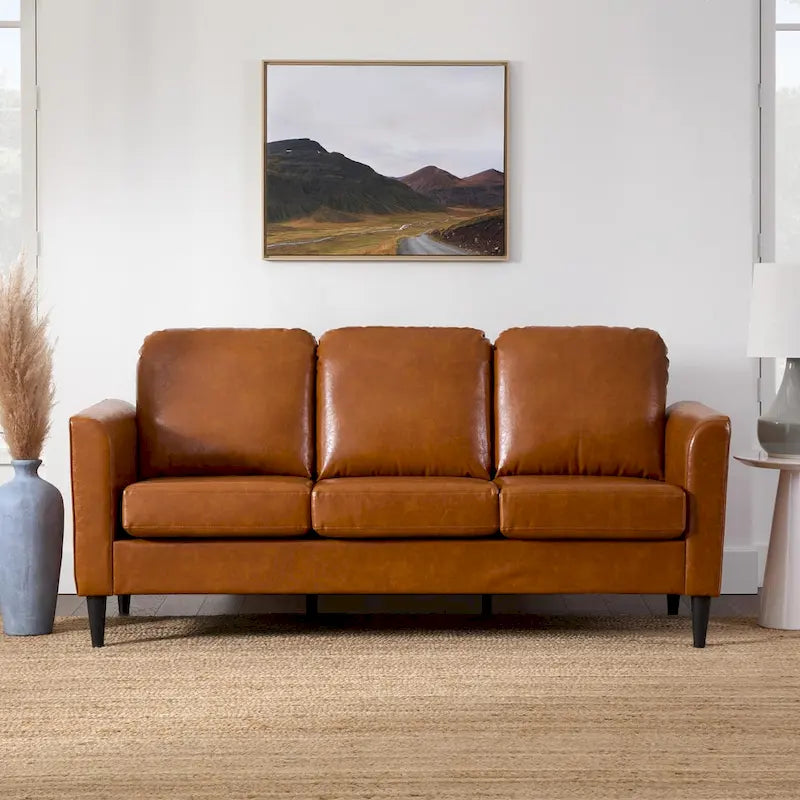 Canapé rembourré à accoudoirs incurvés avec pieds en bois, gris / rouille (similicuir) / anthracite / bleu marine / noir / caramel (similicuir), 3 places