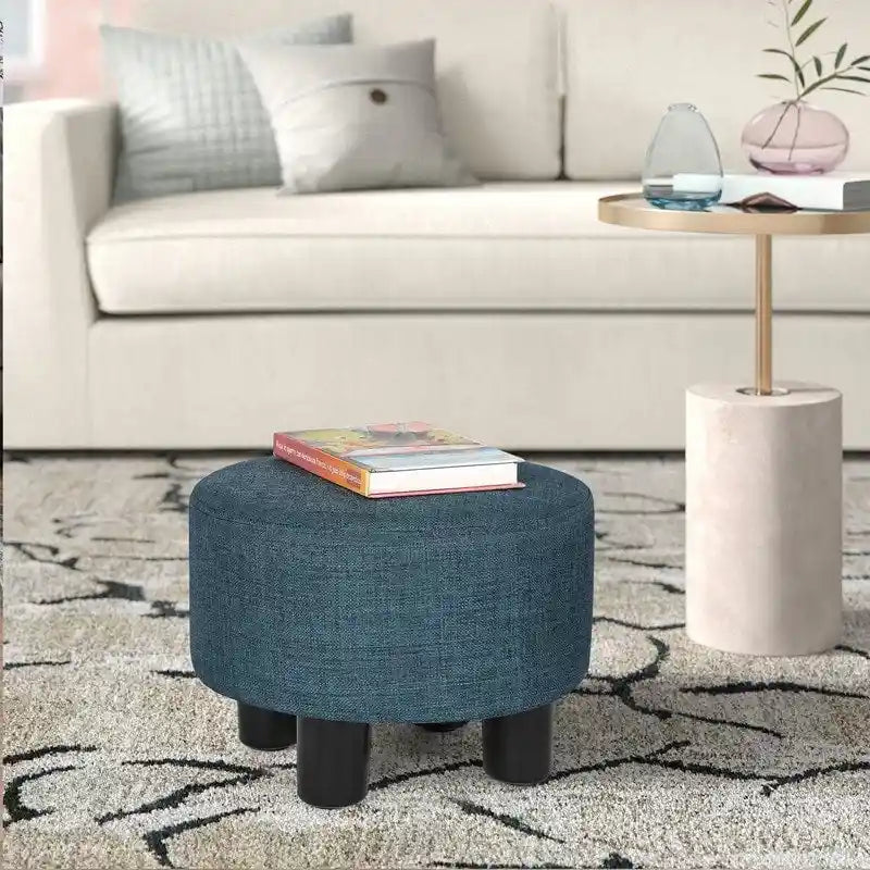 Repose-pieds ottoman rond en tissu avec pieds en plastique, carte du monde gris foncé / bleu