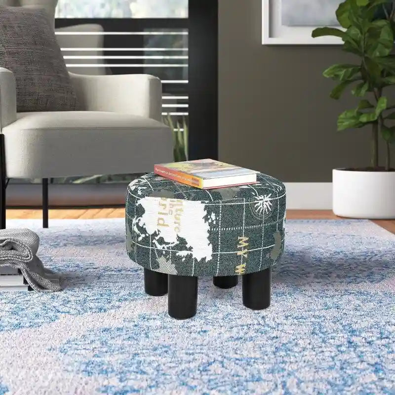 Repose-pieds ottoman rond en tissu avec pieds en plastique, carte du monde gris foncé / bleu