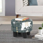 Repose-pieds ottoman rond en tissu avec pieds en plastique, carte du monde gris foncé / bleu