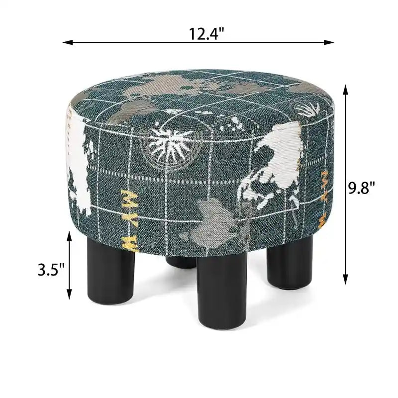 Repose-pieds ottoman rond en tissu avec pieds en plastique, carte du monde gris foncé / bleu