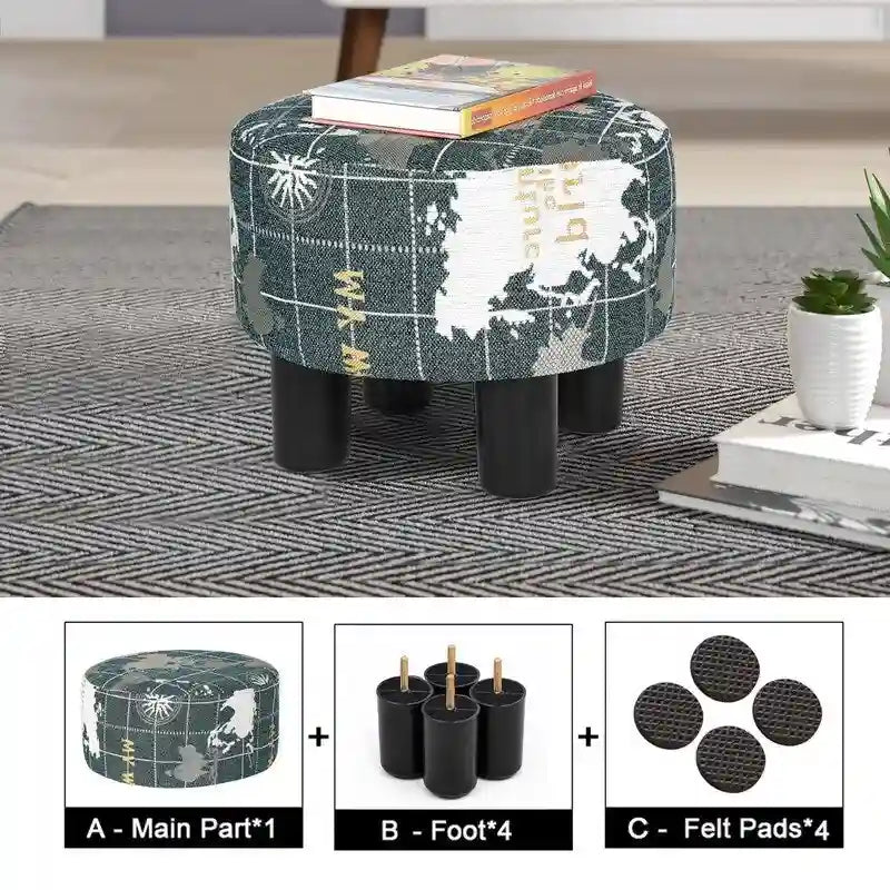 Repose-pieds ottoman rond en tissu avec pieds en plastique, carte du monde gris foncé / bleu