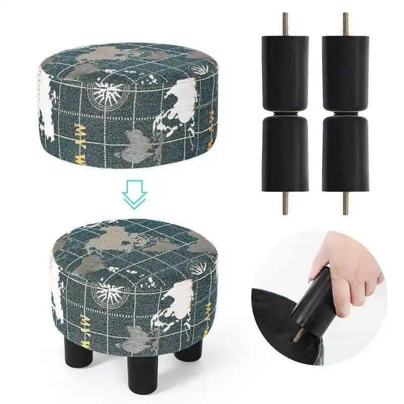 Repose-pieds ottoman rond en tissu avec pieds en plastique, carte du monde gris foncé / bleu