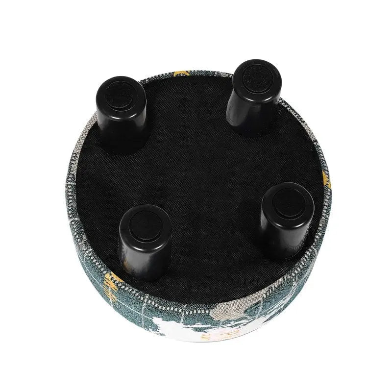 Repose-pieds ottoman rond en tissu avec pieds en plastique, carte du monde gris foncé / bleu