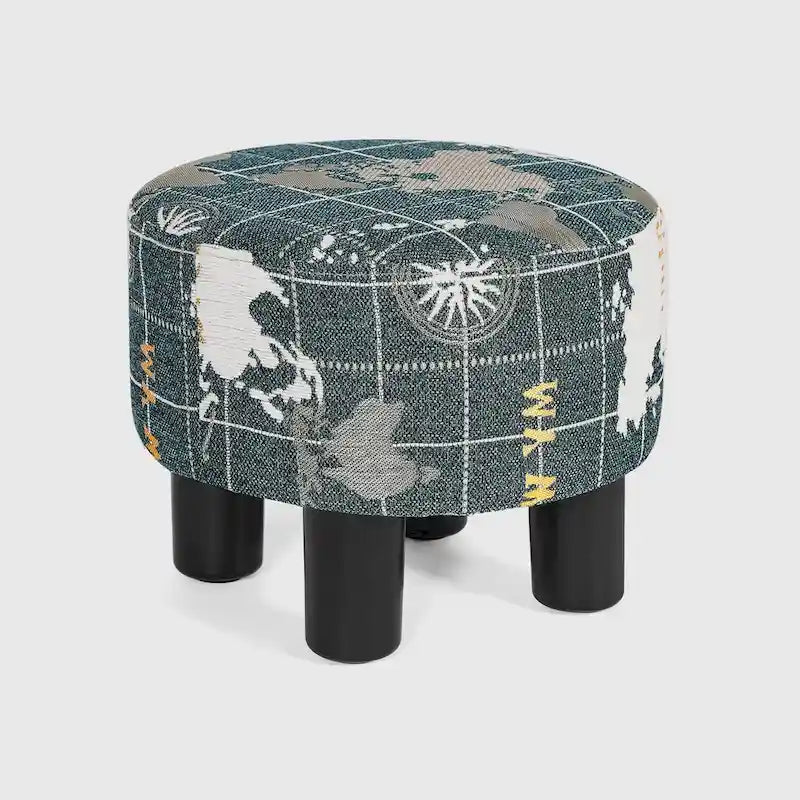 Repose-pieds ottoman rond en tissu avec pieds en plastique, carte du monde gris foncé / bleu