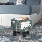 Repose-pieds ottoman rond en tissu avec pieds en plastique, carte du monde gris foncé / bleu