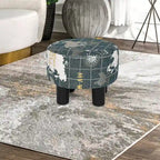 Repose-pieds ottoman rond en tissu avec pieds en plastique, carte du monde gris foncé / bleu