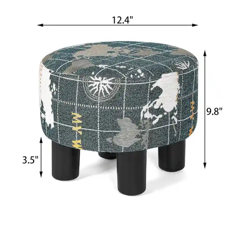 Repose-pieds ottoman rond en tissu avec pieds en plastique, carte du monde gris foncé / bleu