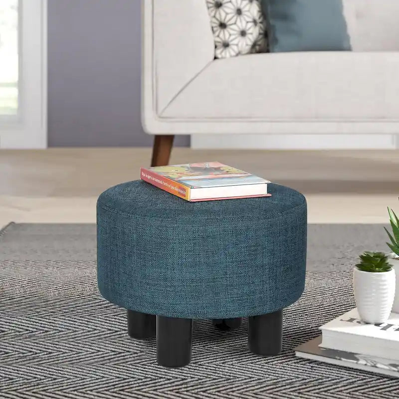 Repose-pieds ottoman rond en tissu avec pieds en plastique, carte du monde gris foncé / bleu