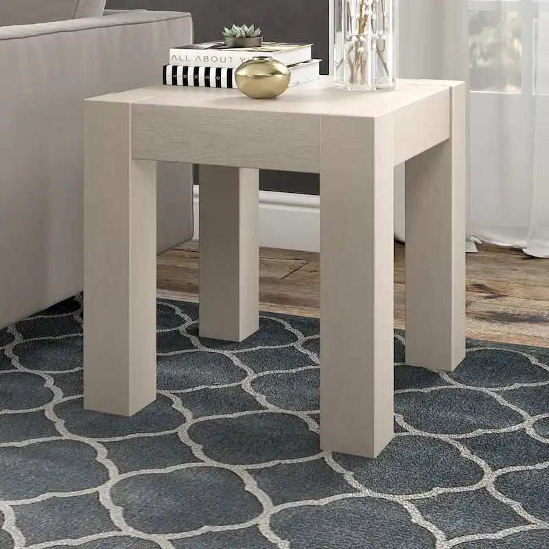 Table d'appoint carrée en MDF de 55,9 cm avec finition aspect bois et pieds à poteaux, aulne blanc / chêne gris vieilli / grain noir