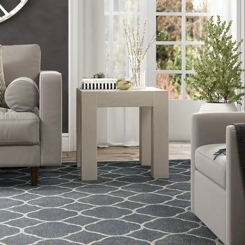 Table d'appoint carrée en MDF de 55,9 cm avec finition aspect bois et pieds à poteaux, aulne blanc / chêne gris vieilli / grain noir
