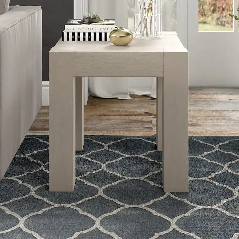 Table d'appoint carrée en MDF de 55,9 cm avec finition aspect bois et pieds à poteaux, aulne blanc / chêne gris vieilli / grain noir