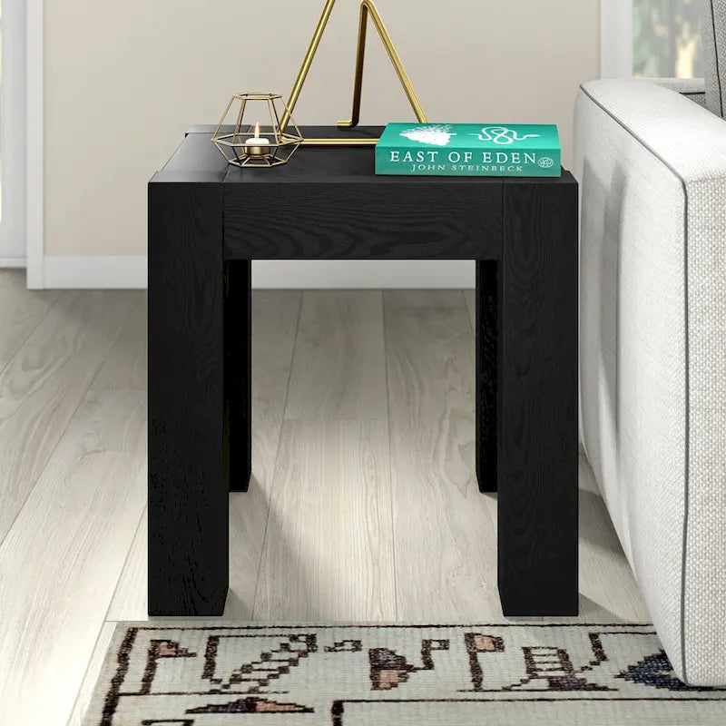 Table d'appoint carrée en MDF de 55,9 cm avec finition aspect bois et pieds à poteaux, aulne blanc / chêne gris vieilli / grain noir