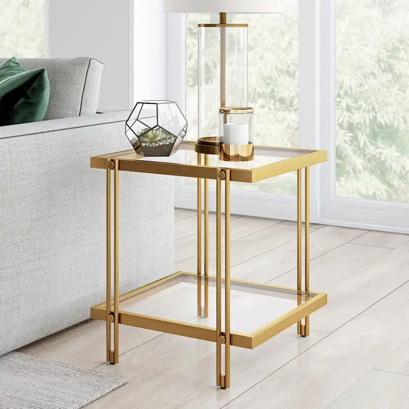 Table d'appoint géométrique en acier et verre avec étagère inférieure, laiton / bronze noirci / noyer laiton
