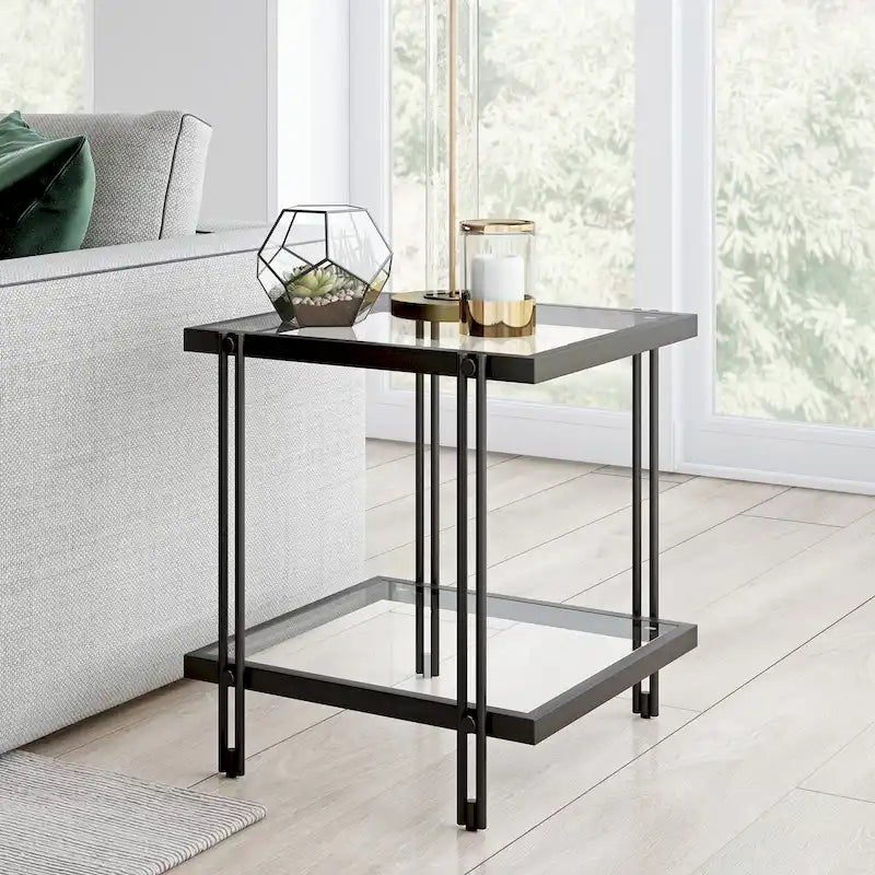 Table d'appoint géométrique en acier et verre avec étagère inférieure, laiton / bronze noirci / noyer laiton