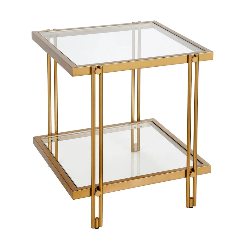 Table d'appoint géométrique en acier et verre avec étagère inférieure, laiton / bronze noirci / noyer laiton