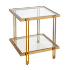 Table d'appoint géométrique en acier et verre avec étagère inférieure, laiton / bronze noirci / noyer laiton