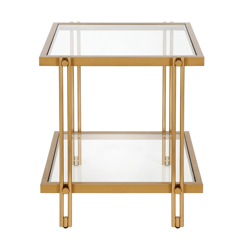 Table d'appoint géométrique en acier et verre avec étagère inférieure, laiton / bronze noirci / noyer laiton