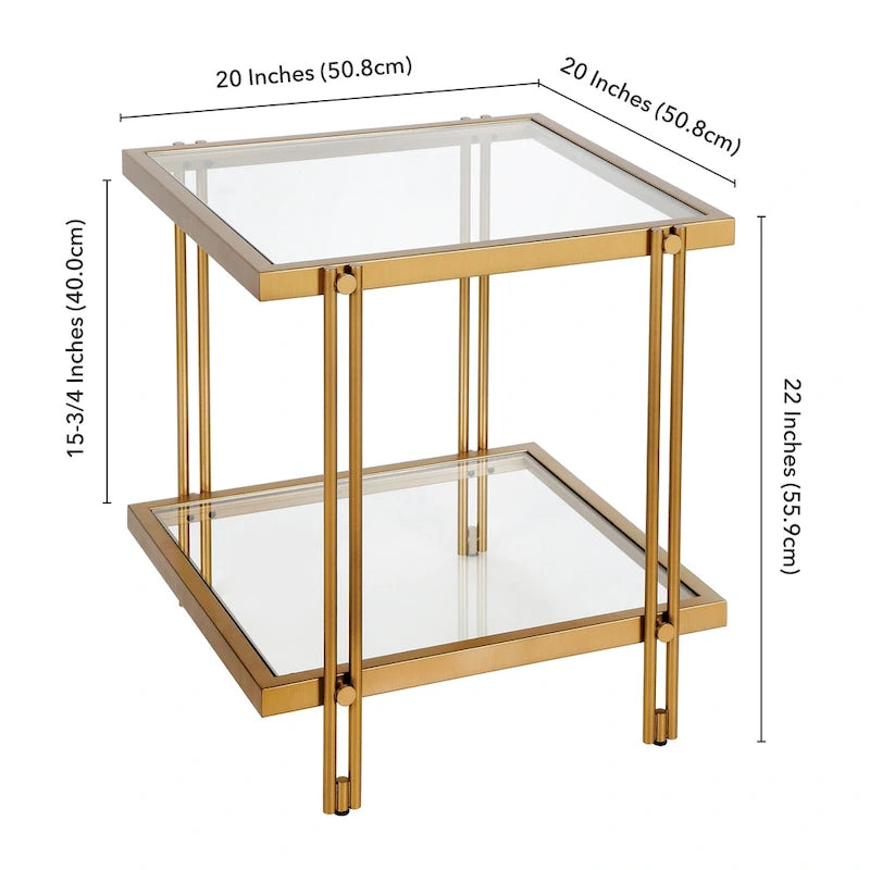 Table d'appoint géométrique en acier et verre avec étagère inférieure, laiton / bronze noirci / noyer laiton