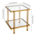 Table d'appoint géométrique en acier et verre avec étagère inférieure, laiton / bronze noirci / noyer laiton