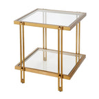 Table d'appoint géométrique en acier et verre avec étagère inférieure, laiton / bronze noirci / noyer laiton