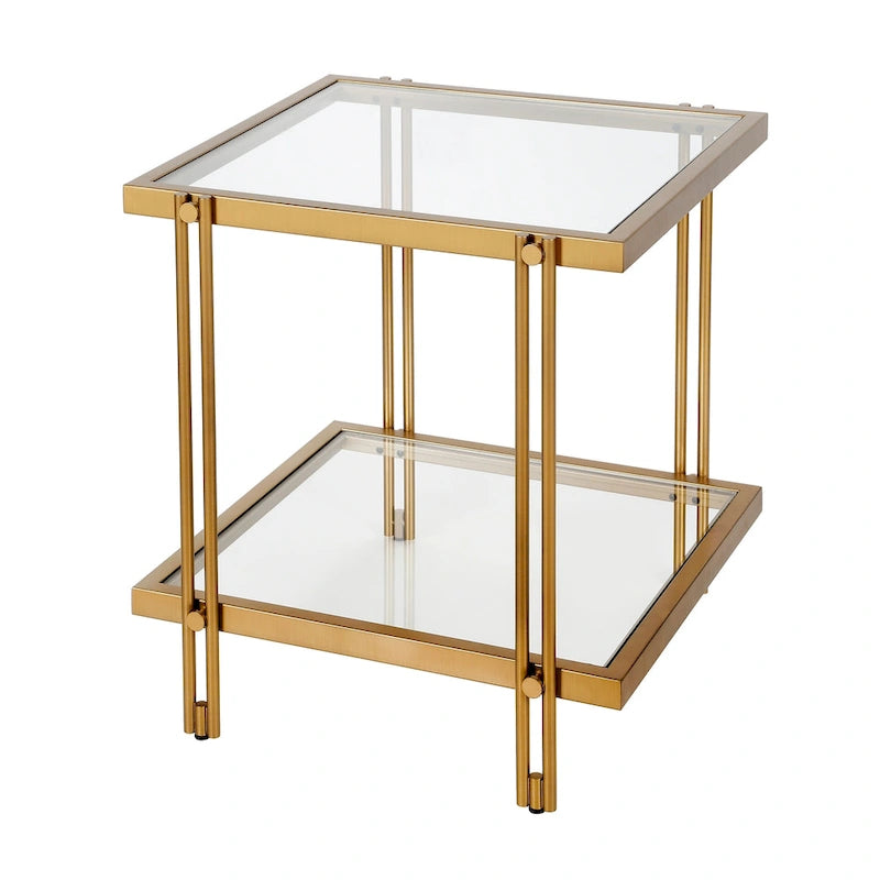 Table d'appoint géométrique en acier et verre avec étagère inférieure, laiton / bronze noirci / noyer laiton
