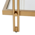 Table d'appoint géométrique en acier et verre avec étagère inférieure, laiton / bronze noirci / noyer laiton