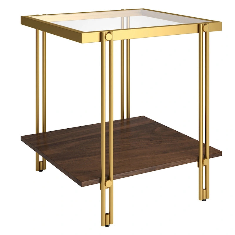 Table d'appoint géométrique en acier et verre avec étagère inférieure, laiton / bronze noirci / noyer laiton