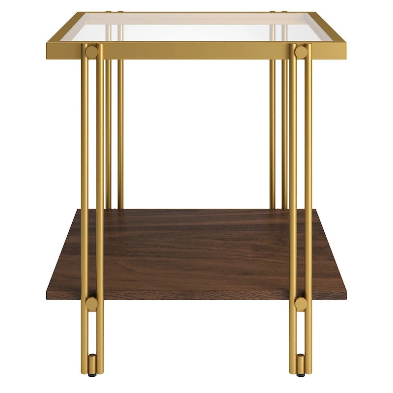 Table d'appoint géométrique en acier et verre avec étagère inférieure, laiton / bronze noirci / noyer laiton
