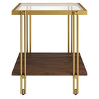Table d'appoint géométrique en acier et verre avec étagère inférieure, laiton / bronze noirci / noyer laiton