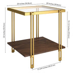 Table d'appoint géométrique en acier et verre avec étagère inférieure, laiton / bronze noirci / noyer laiton