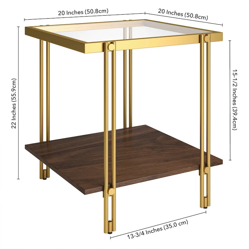 Table d'appoint géométrique en acier et verre avec étagère inférieure, laiton / bronze noirci / noyer laiton