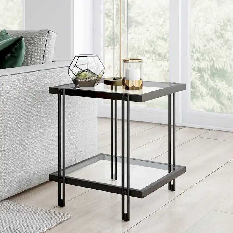 Table d'appoint géométrique en acier et verre avec étagère inférieure, laiton / bronze noirci / noyer laiton