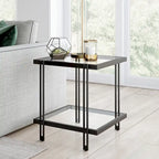 Table d'appoint géométrique en acier et verre avec étagère inférieure, laiton / bronze noirci / noyer laiton