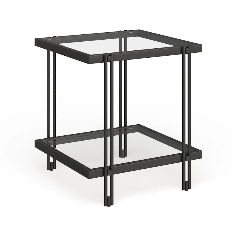 Table d'appoint géométrique en acier et verre avec étagère inférieure, laiton / bronze noirci / noyer laiton