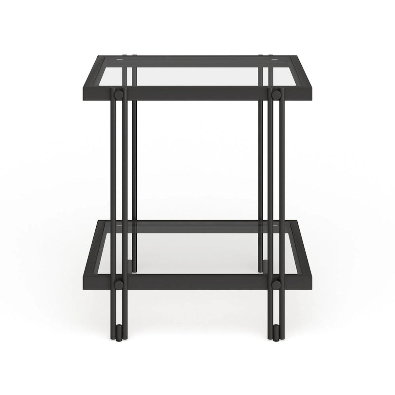 Table d'appoint géométrique en acier et verre avec étagère inférieure, laiton / bronze noirci / noyer laiton